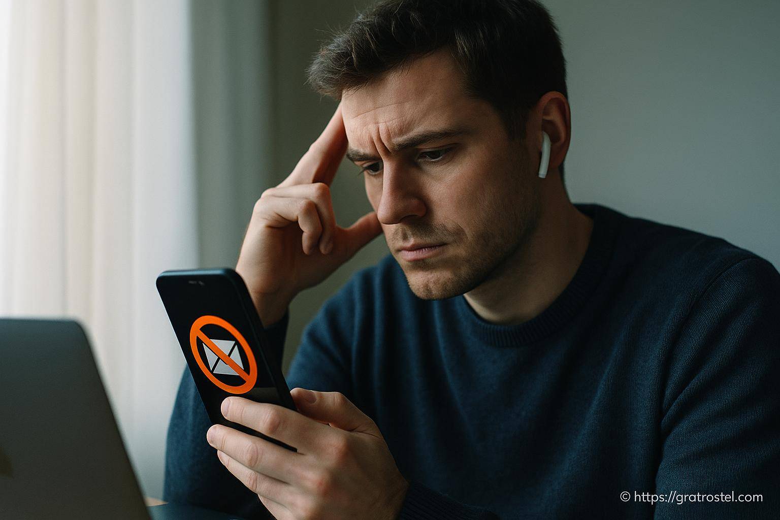 Homme inquiet regardant smartphone sans notifications