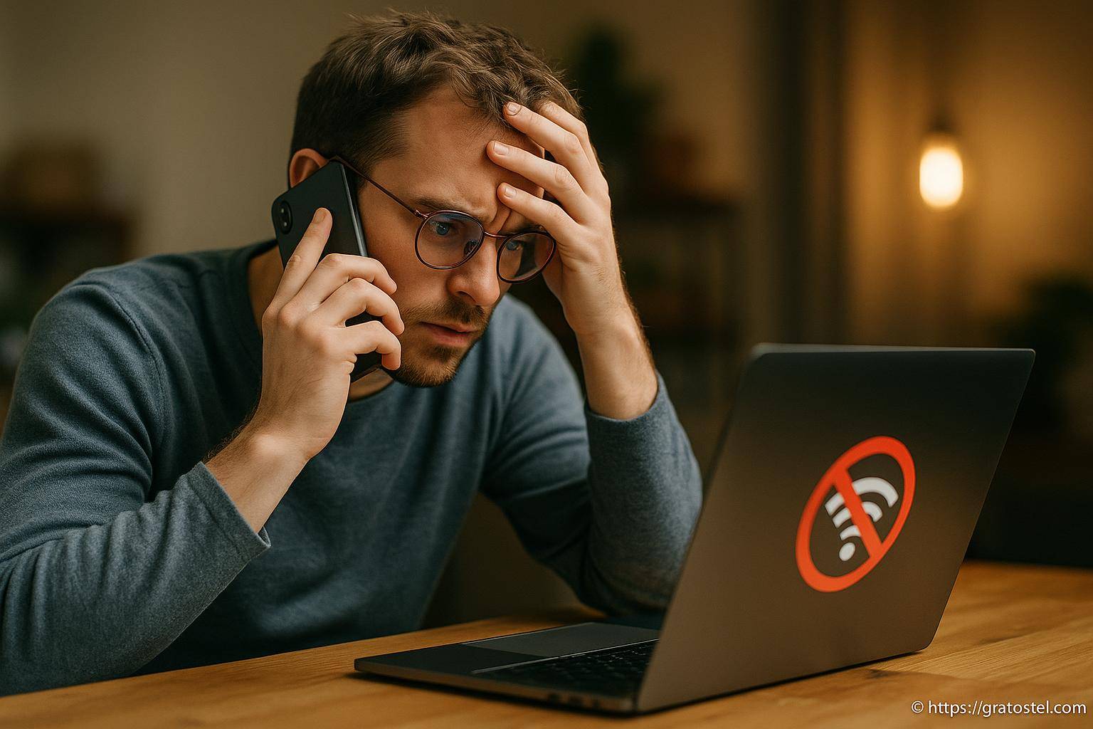 Homme inquiet face à une panne internet