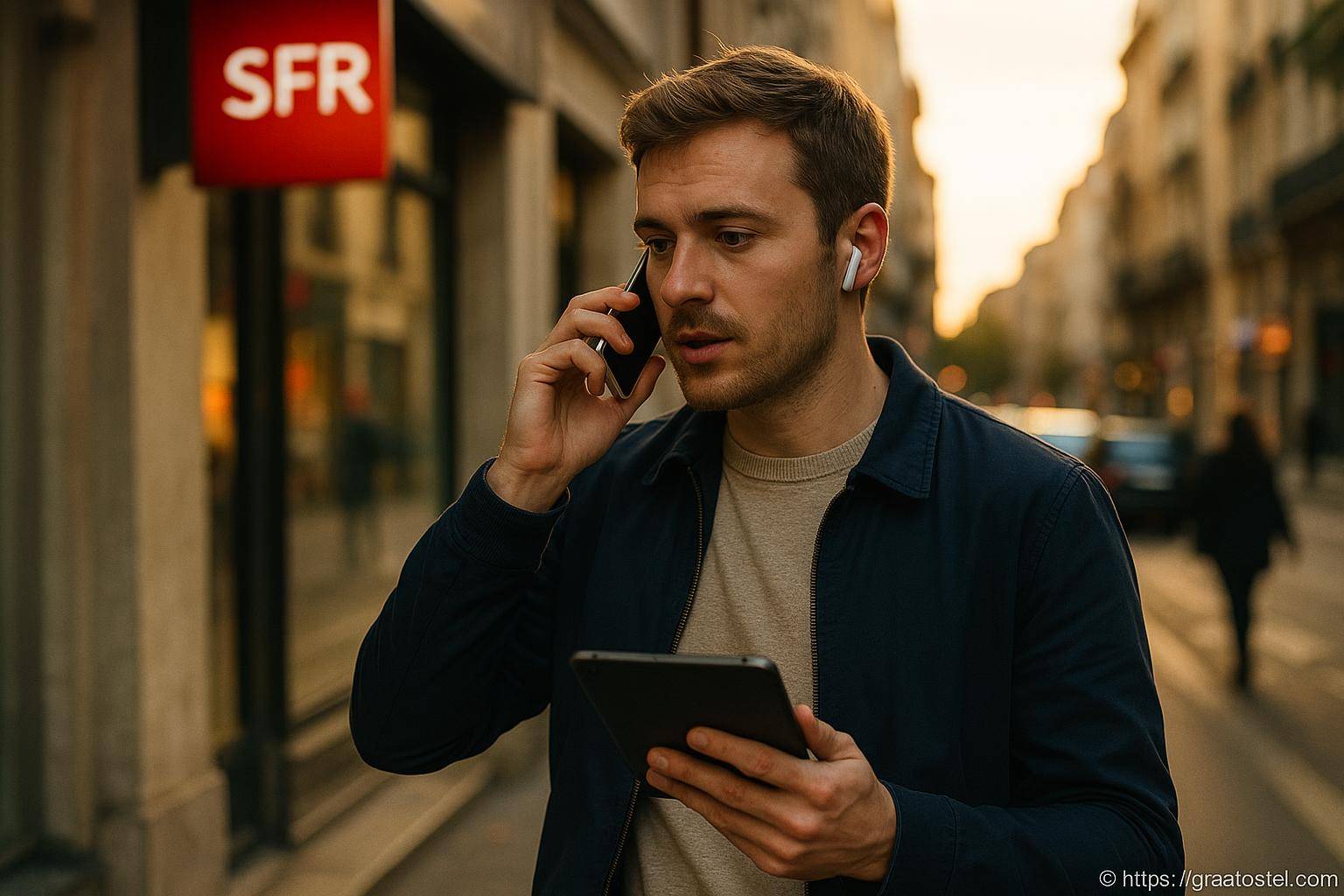 Homme utilisant smartphone et tablette en ville