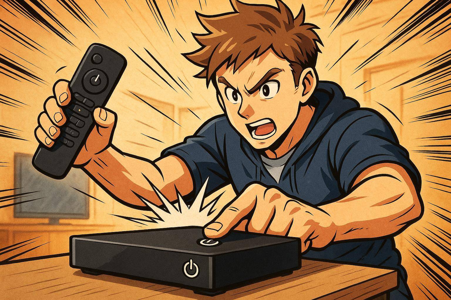 Jeune homme frustré allumant décodeur TV