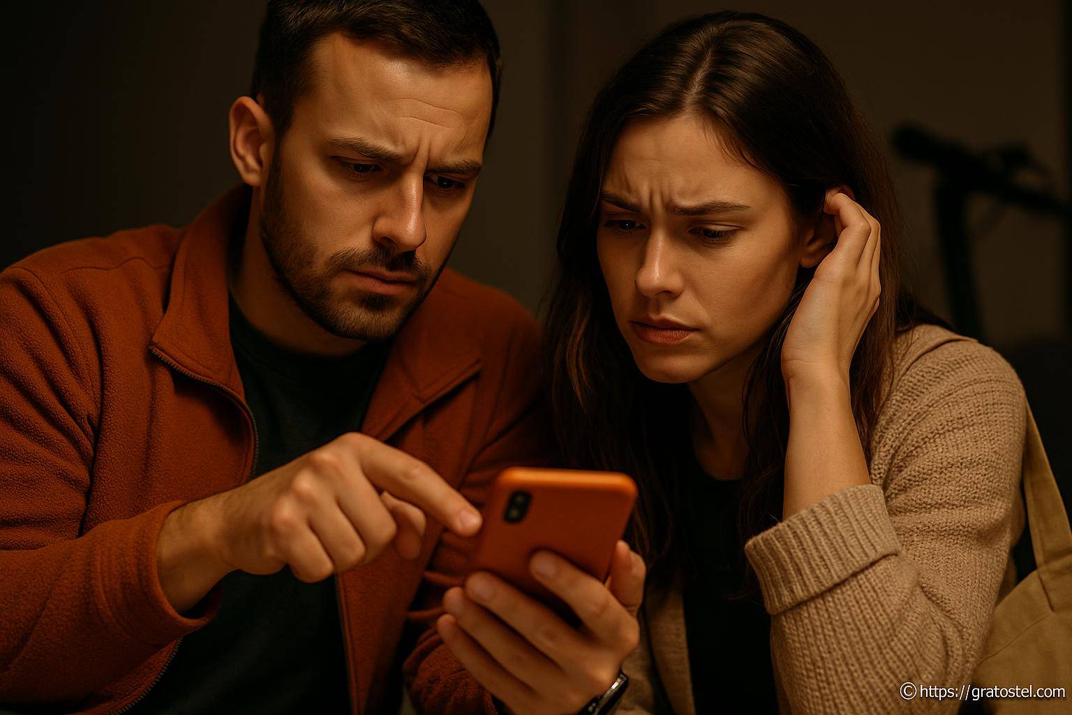 Couple inquiet regardant un smartphone
