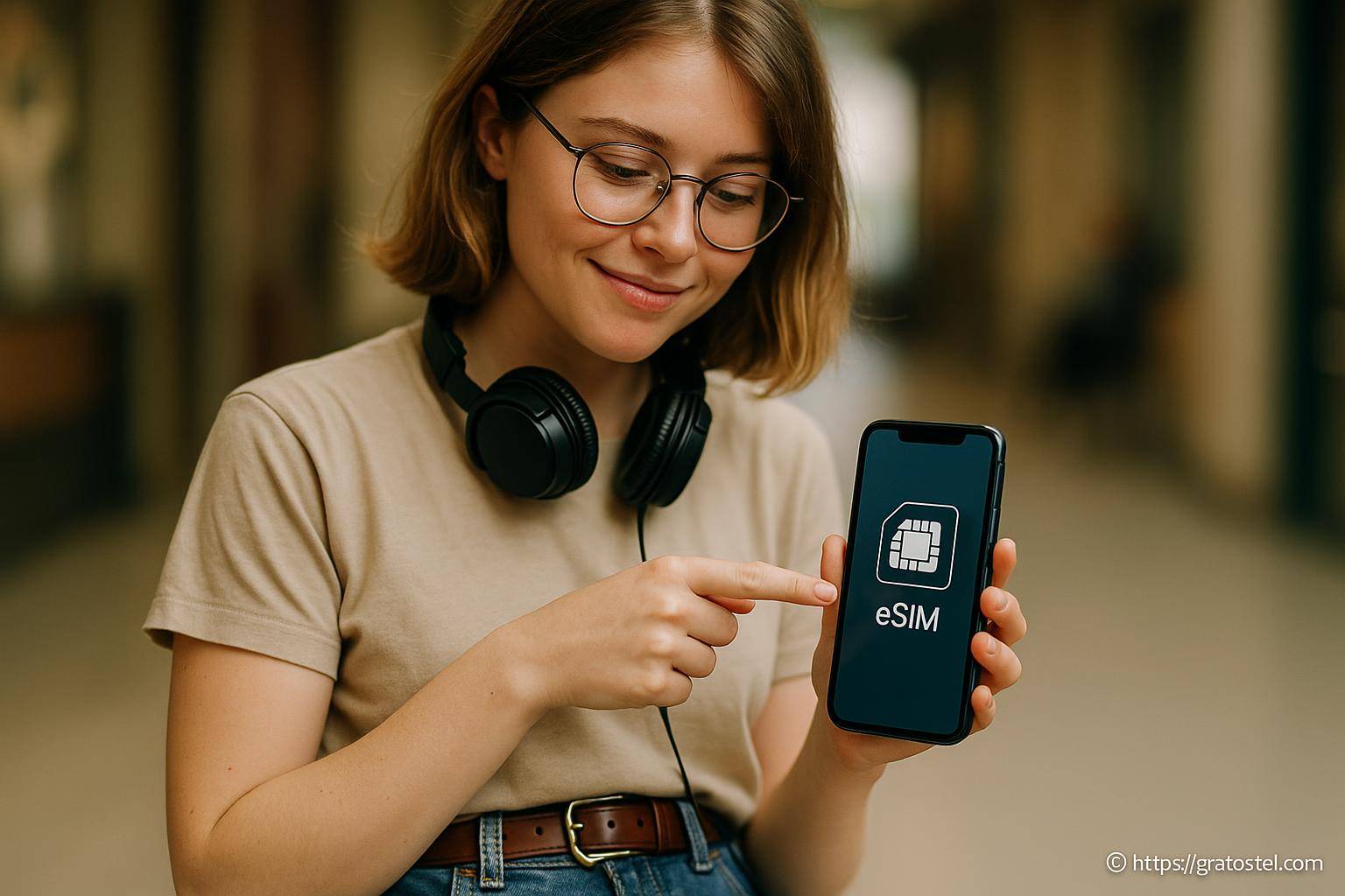 femme montrant un smartphone avec eSIM