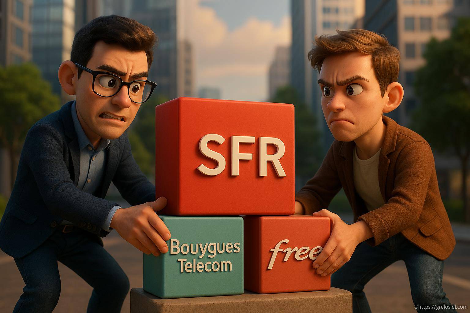 Personnages animés empilant blocs télécom
