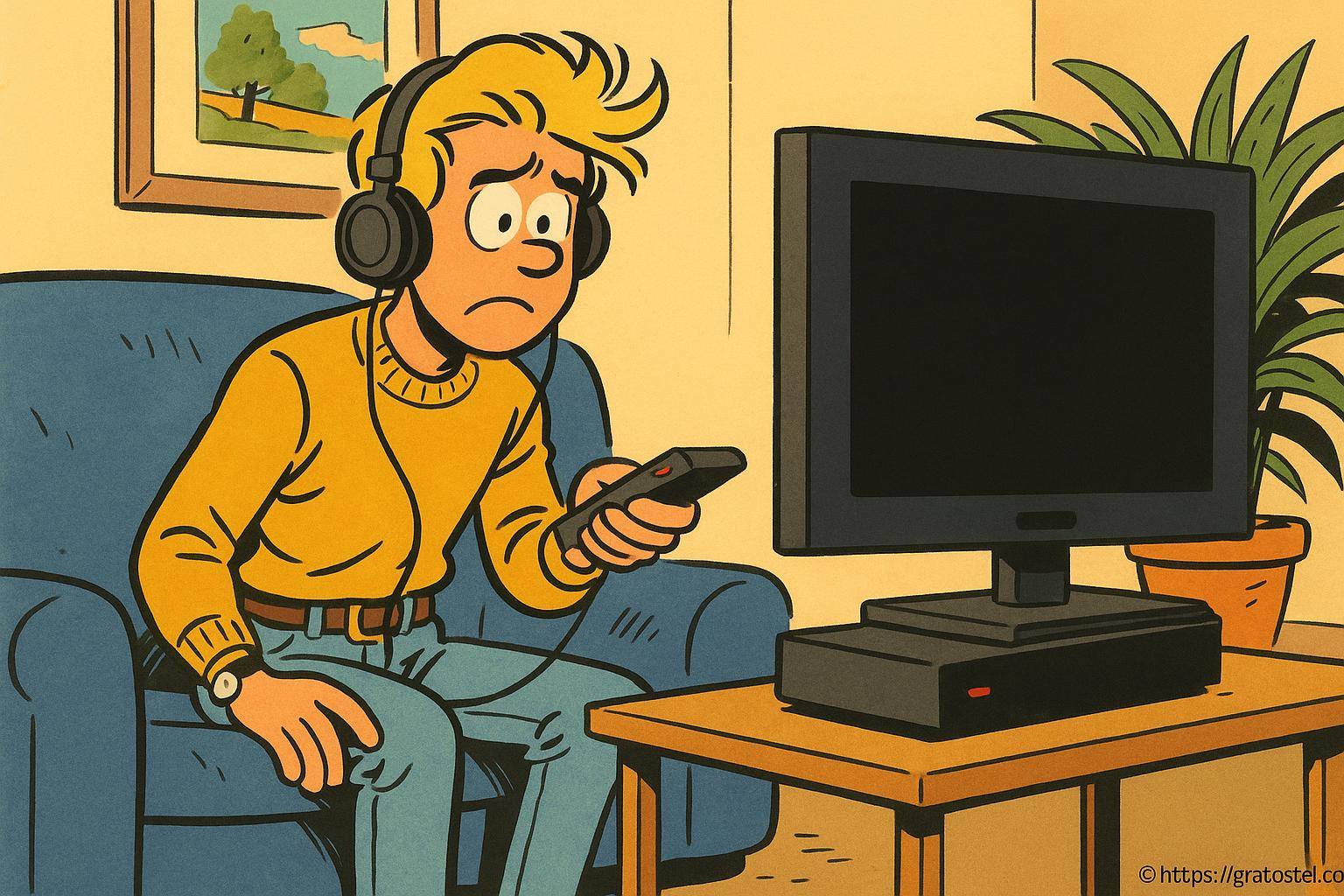 Jeune homme déçu devant télévision éteinte