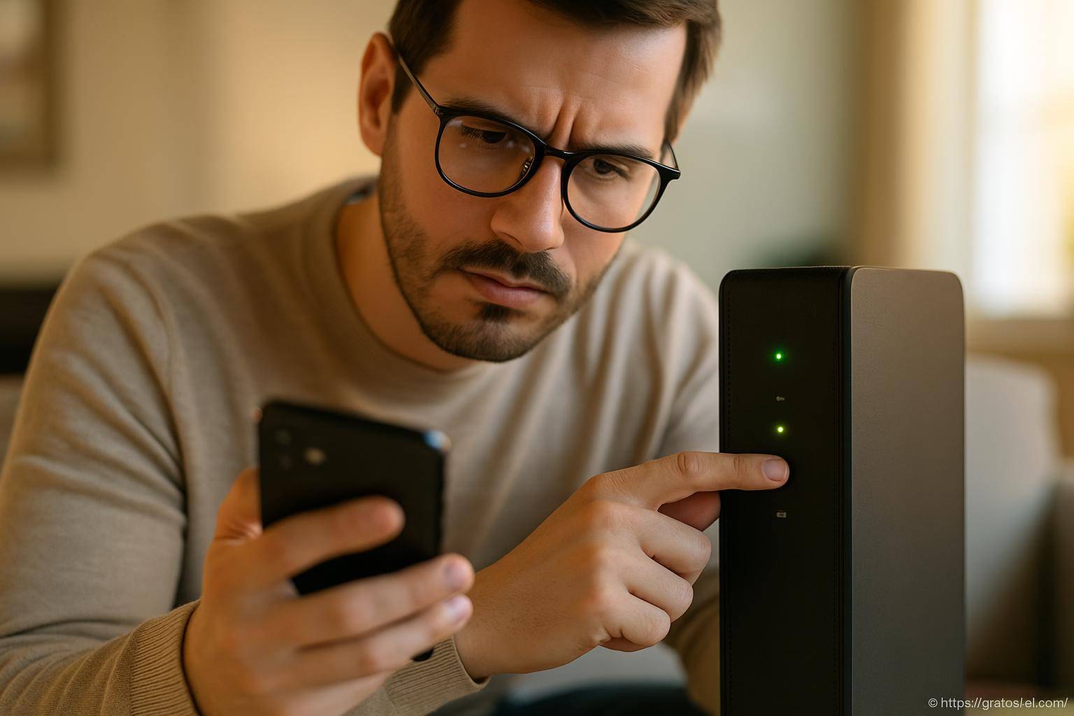 Homme vérifiant modem avec smartphone