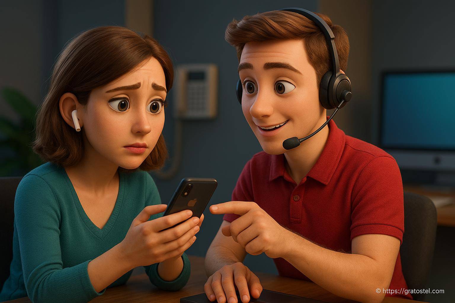Jeune femme inquiète et homme aidant au téléphone