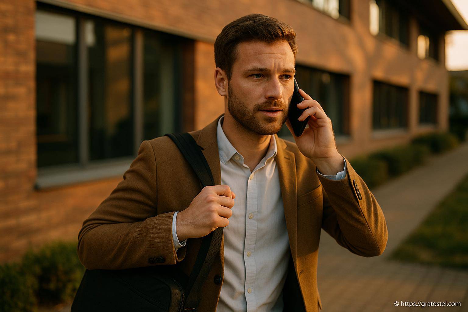 Homme en veste marron parlant au téléphone