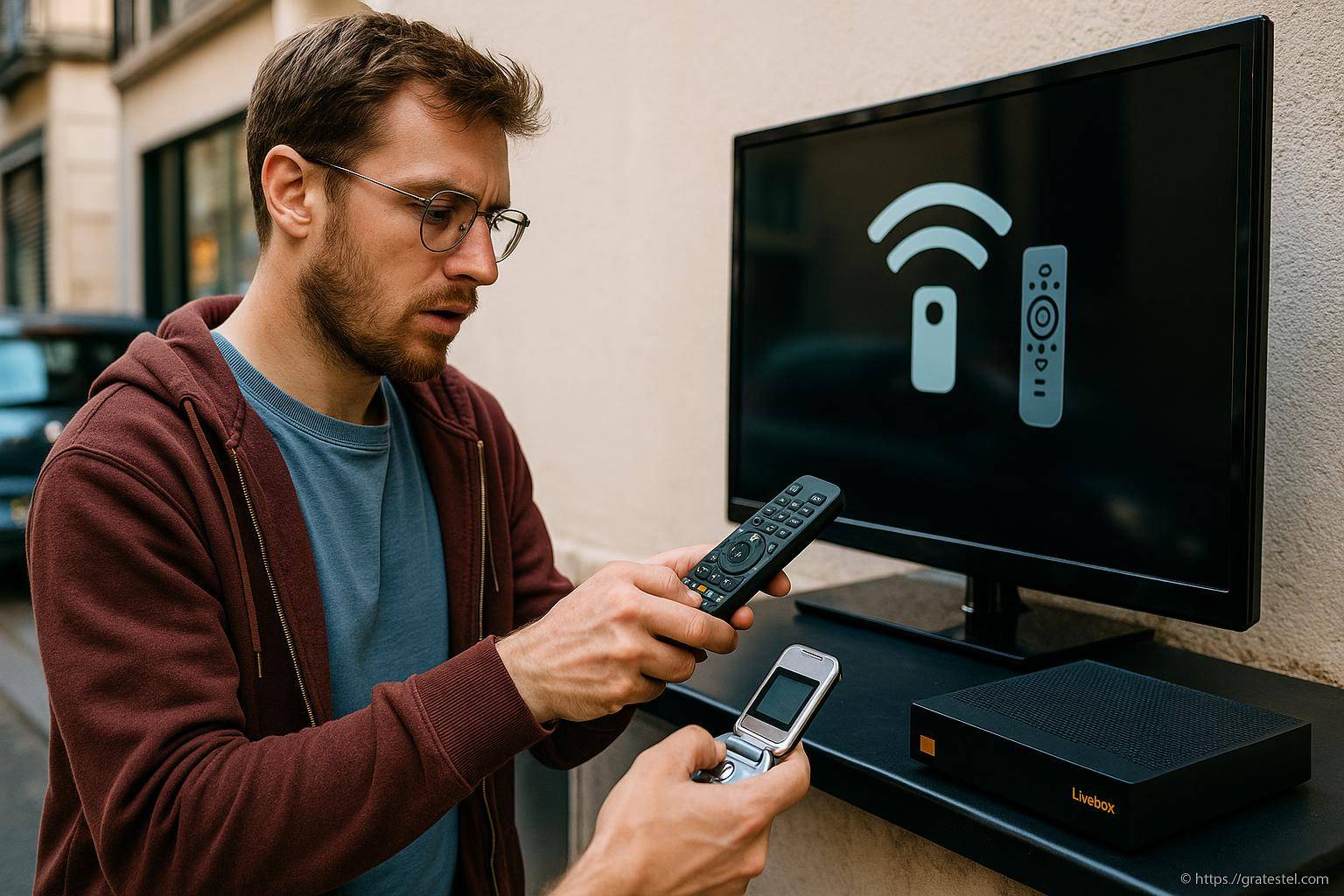 Homme tentant de connecter télécommande à télévision