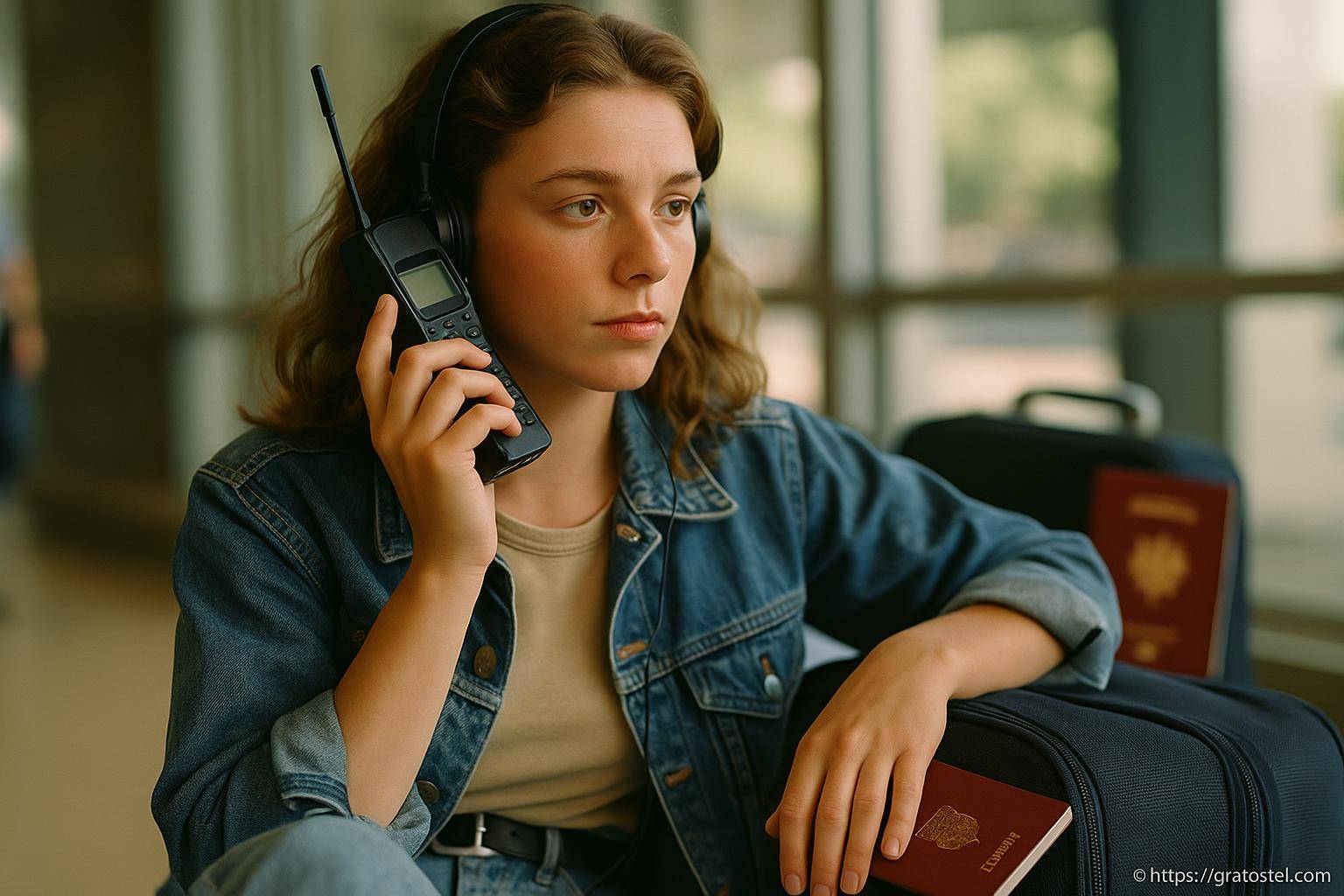 Jeune femme avec téléphone vintage en voyage