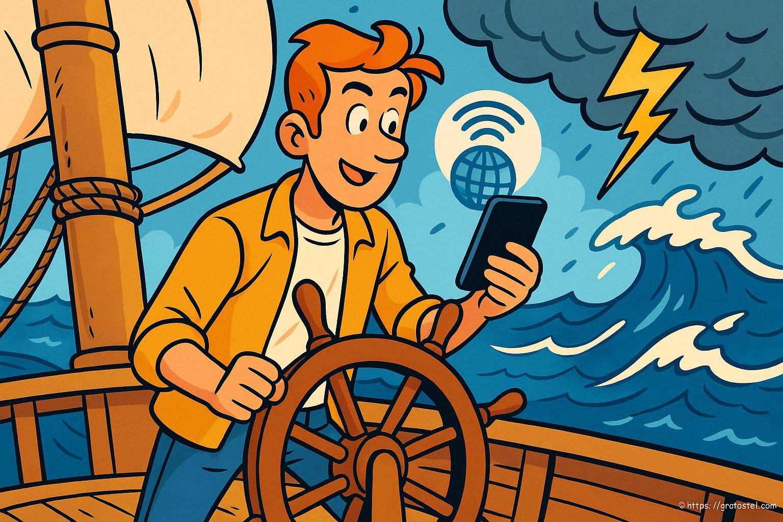 Homme naviguant avec smartphone en mer agitée
