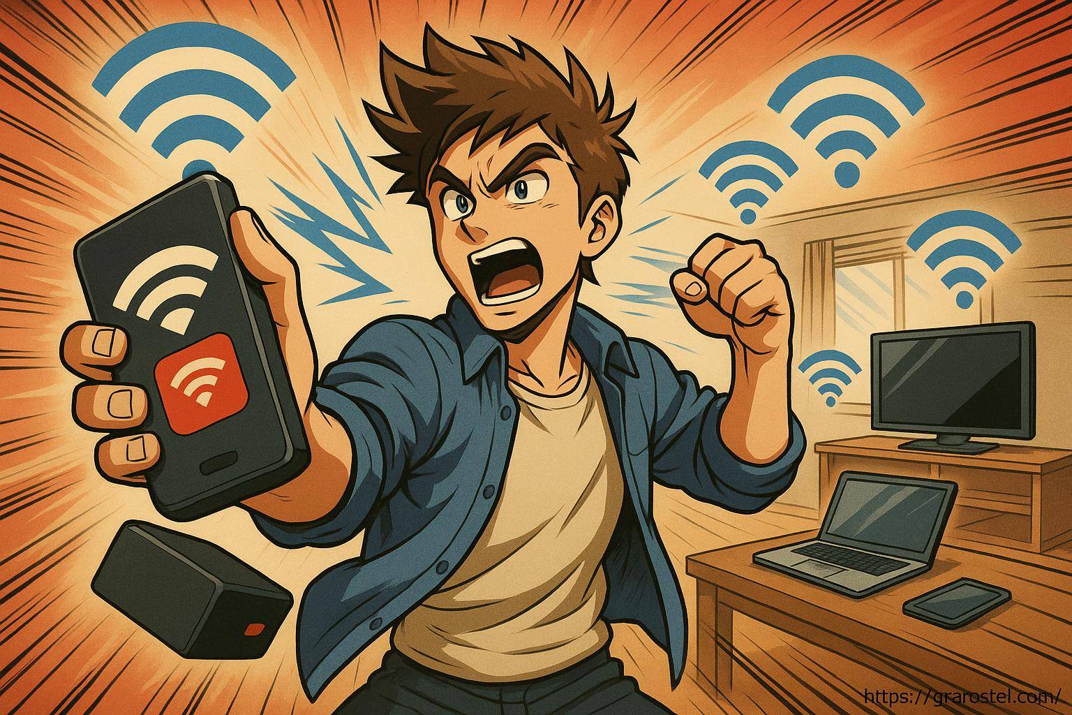 Jeune homme en colère avec smartphone wifi