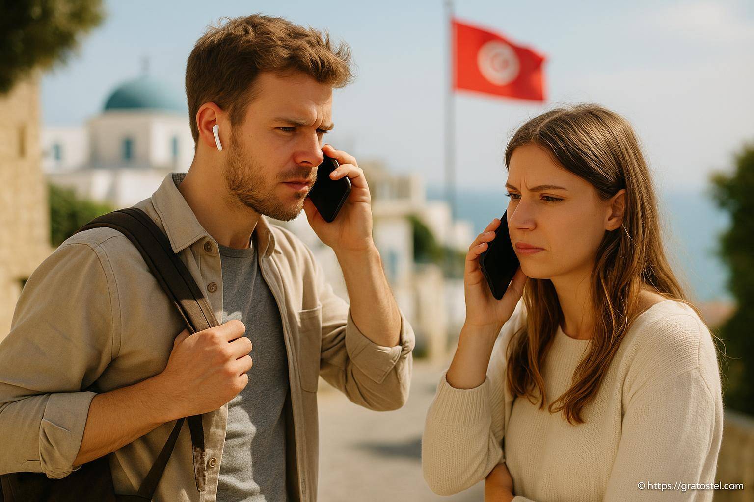 Jeune homme et femme en appel téléphonique sérieux