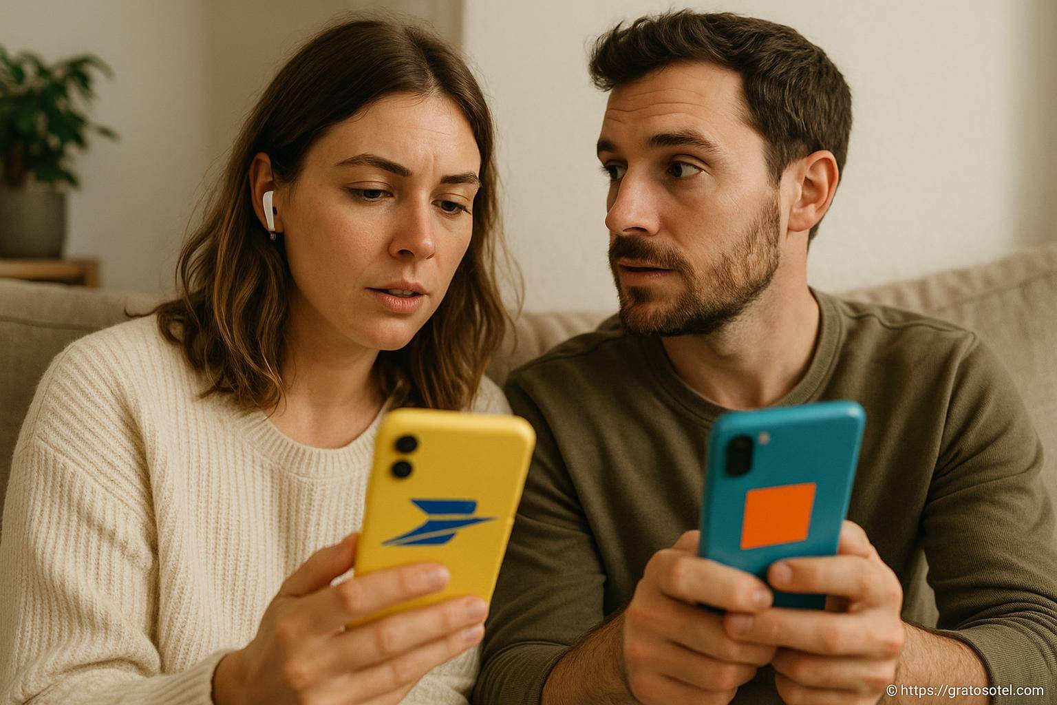 Couple concentré sur leurs smartphones colorés