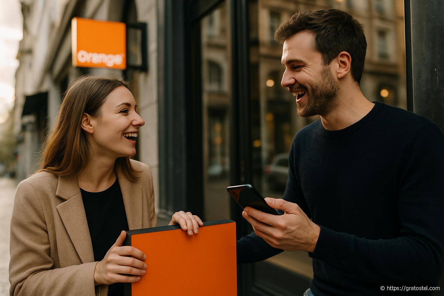 Deux personnes souriantes échangeant devant boutique Orange