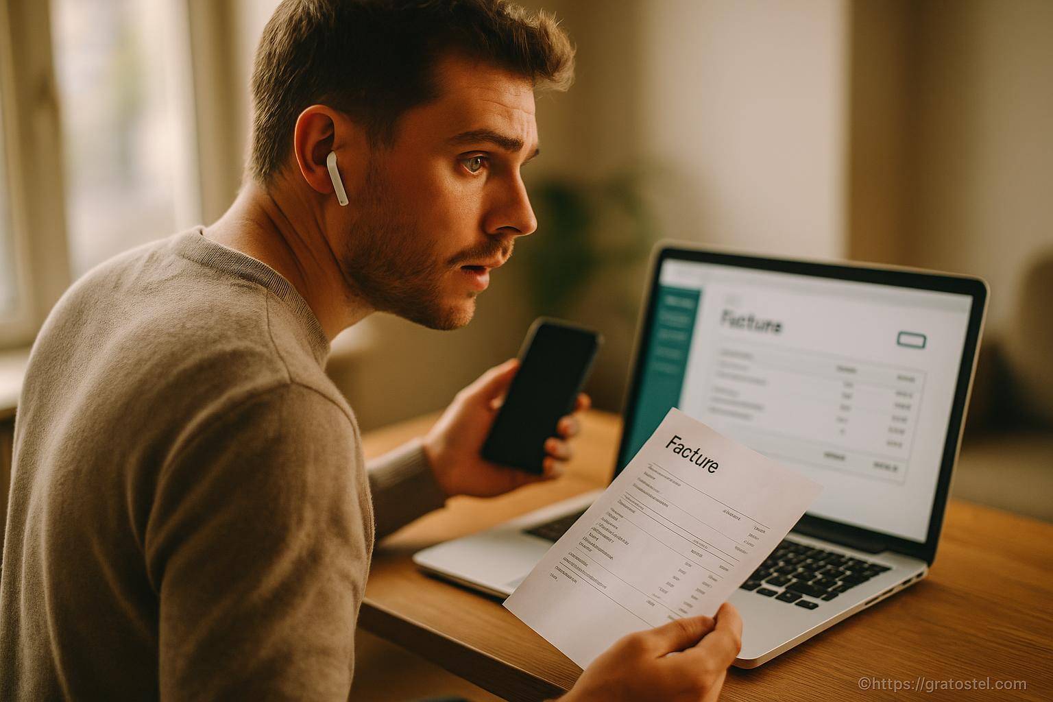 Homme vérifiant facture avec ordinateur et téléphone