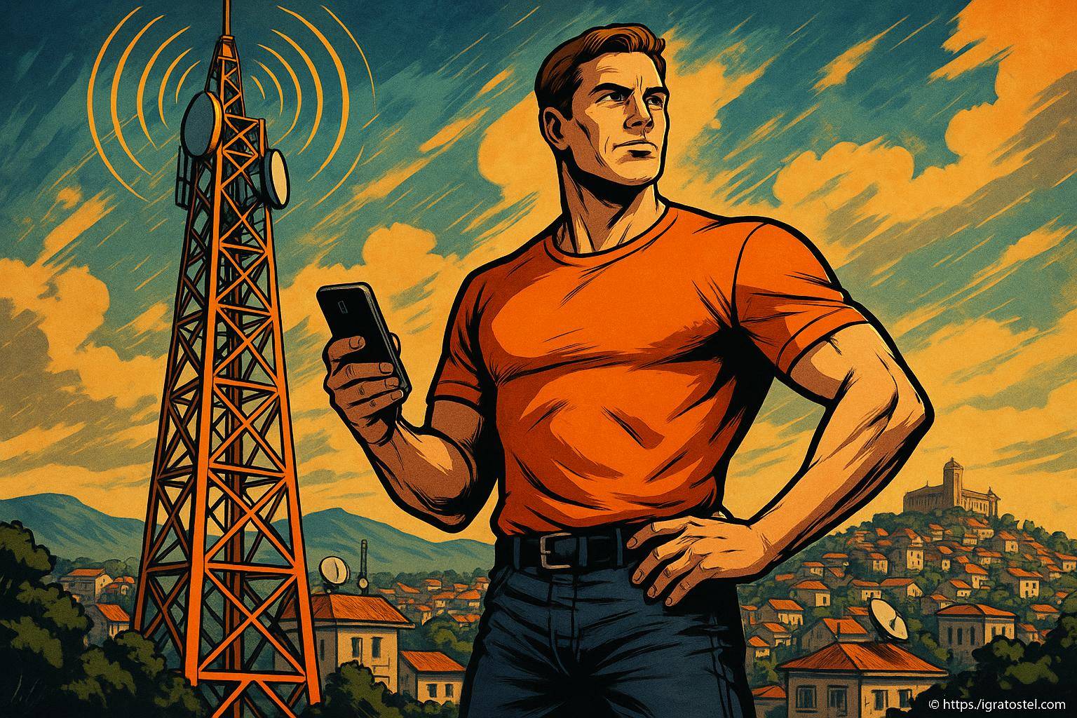 Homme tenant un smartphone près d'une antenne relais