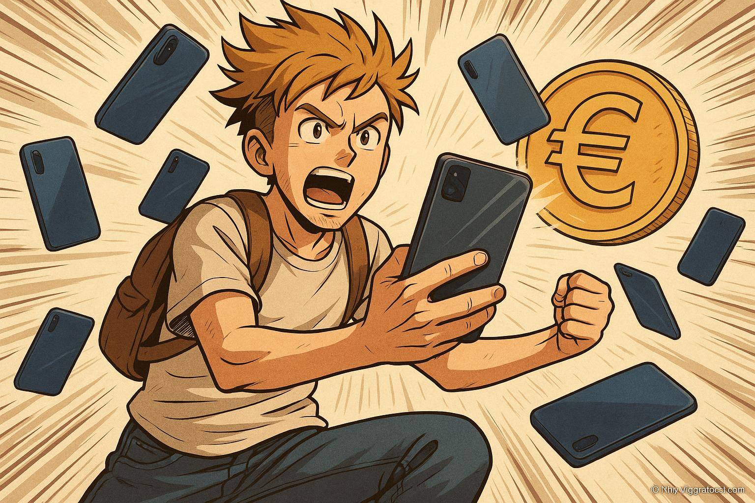 jeune homme anime avec smartphone et euro