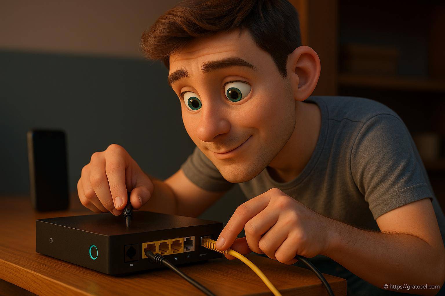 jeune homme connectant un câble réseau