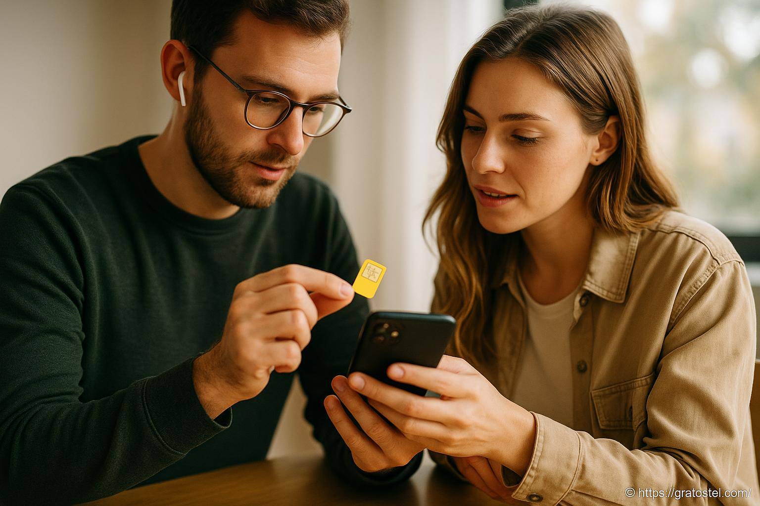 Couple insérant une carte SIM dans un smartphone