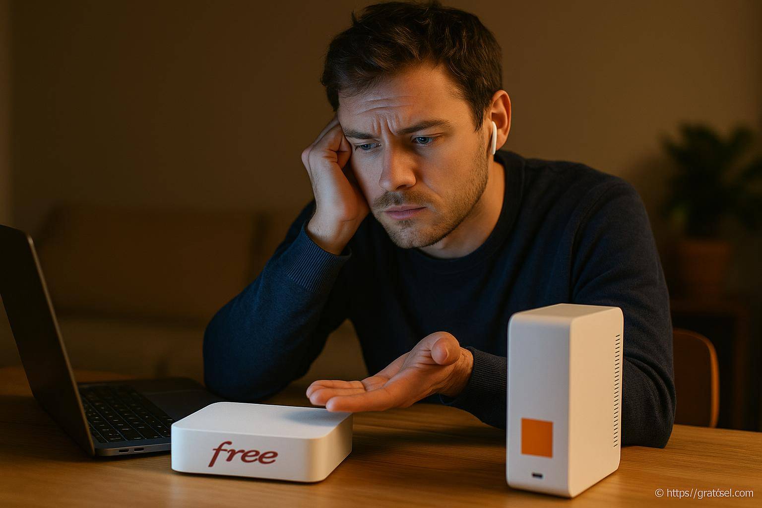 Homme frustré devant box internet Free