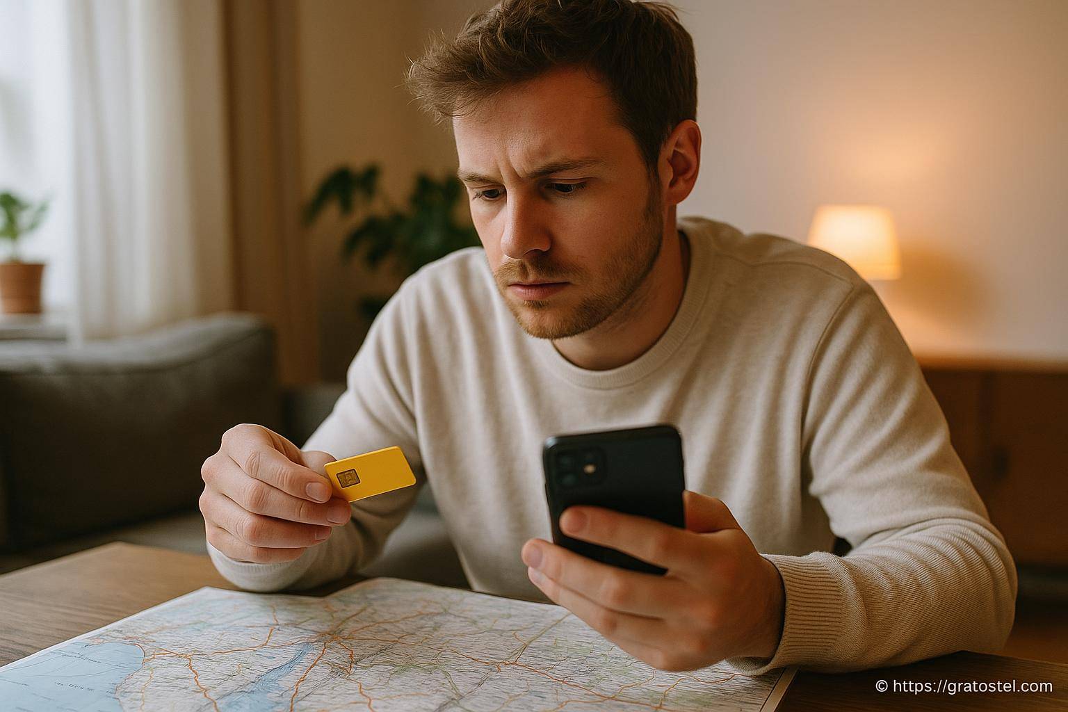 Homme concentré avec carte SIM et smartphone