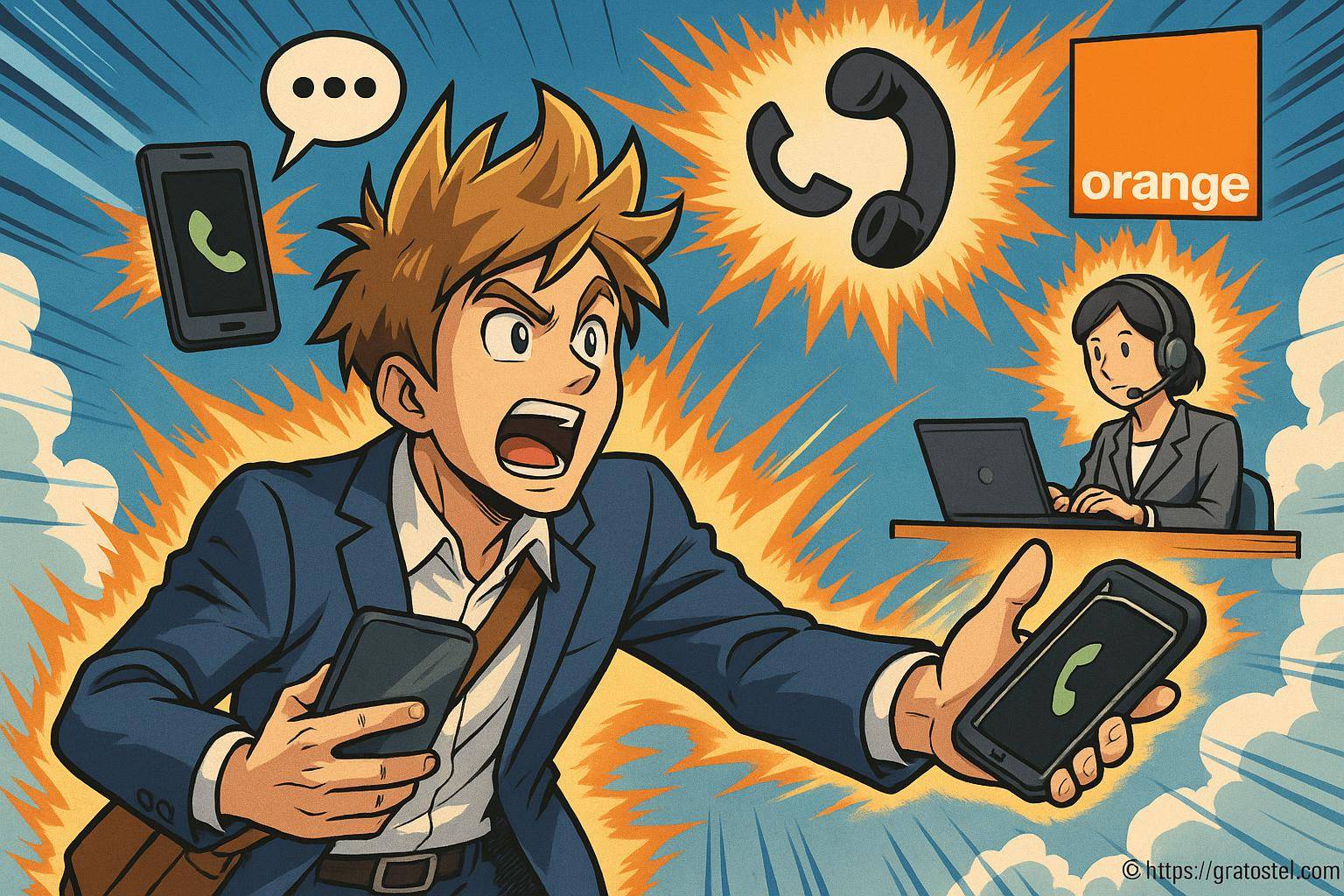 Homme stressé avec téléphones et service client Orange