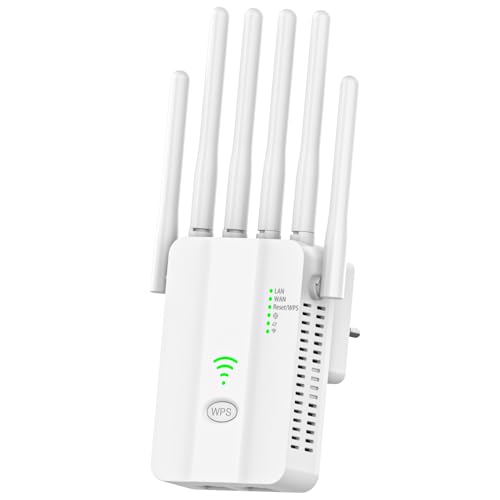 Repeteur WiFi Puissant, Amplificateur WiFi, Répéteur WiFi avec 6 Antennes, 2 Ports LAN, Modes (Répéteur, Routeur, AP), Couverture jusqu'à 3000 pi², pour la Maison et Le Bureau, Installation Facile